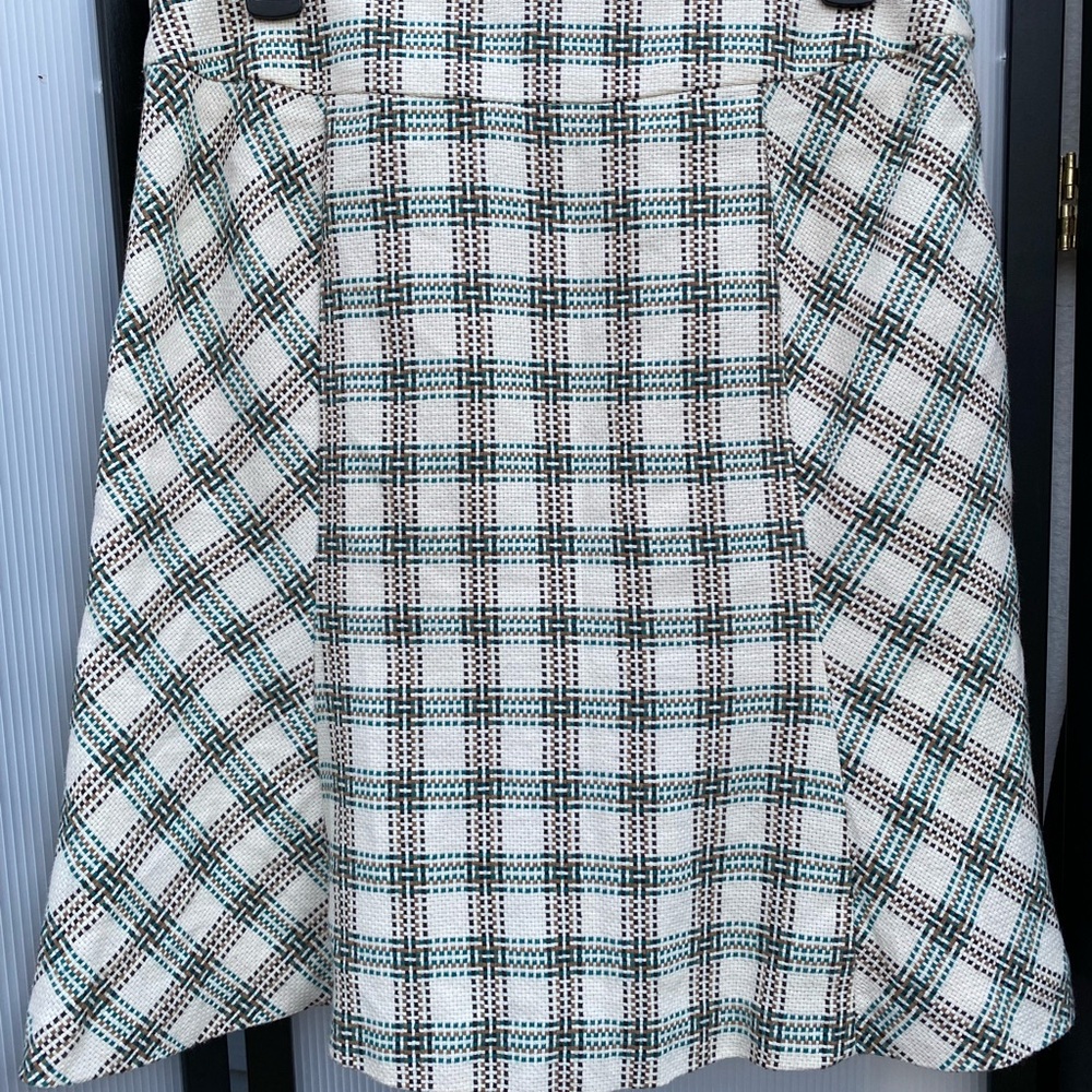LOFT Checkered A-Line Skirt Cream, Green Black Uniform Monica Collegiate 6